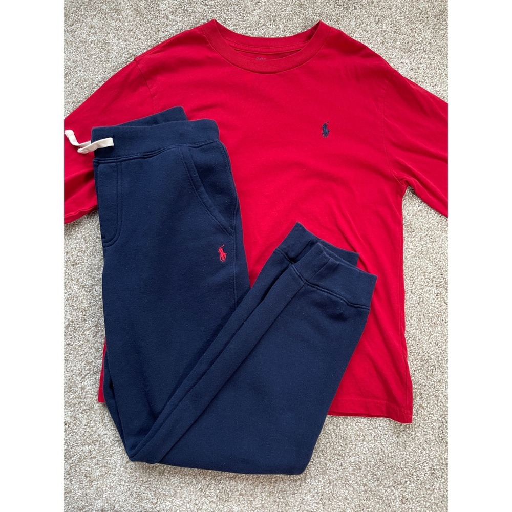 Polo Ralph Lauren Boys Red Long Sleeve Shirt Navy Joggers Set Size M 10-12